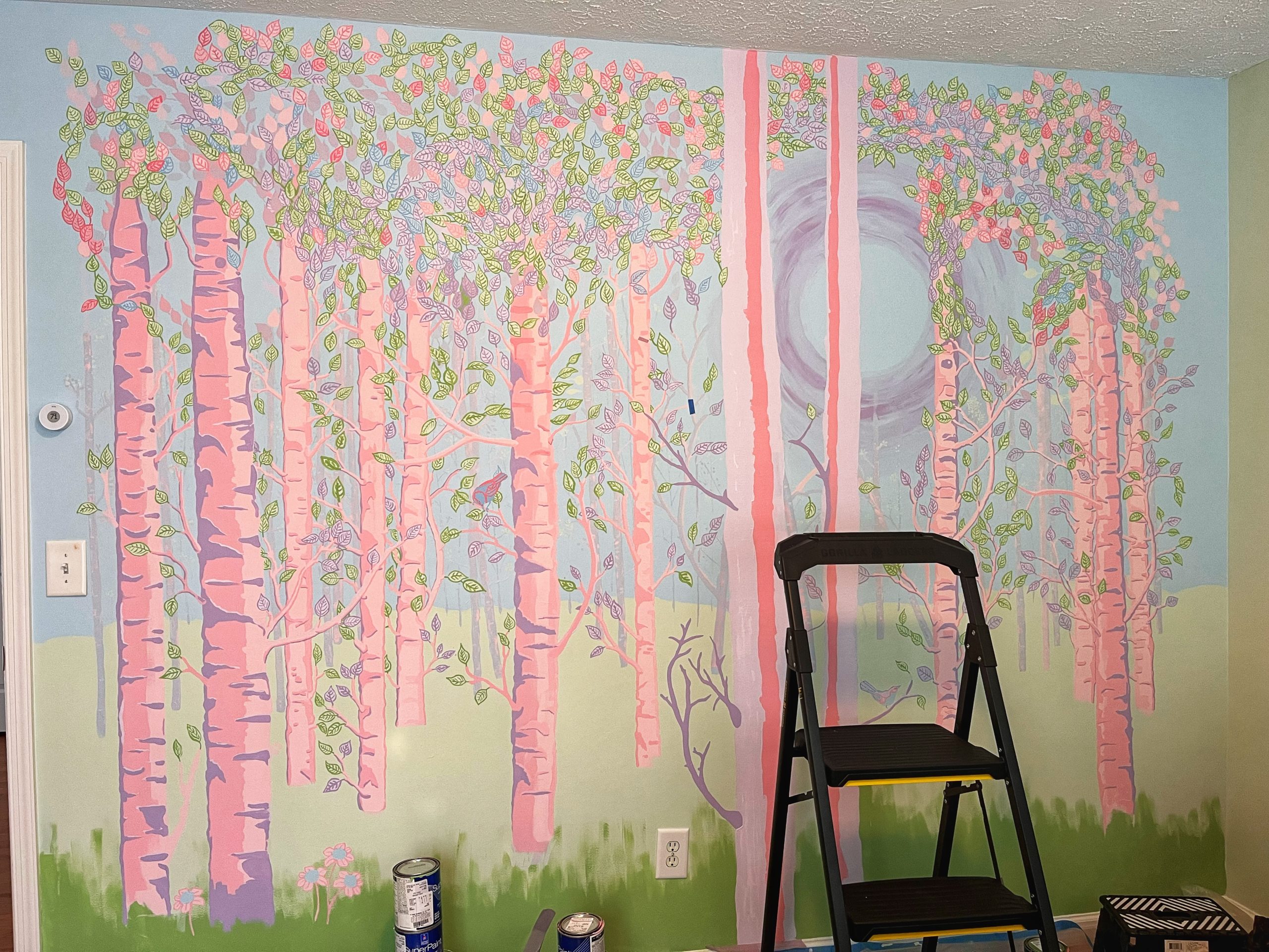 Painting of a primarily pink and purple fantasy forest, incomplete.