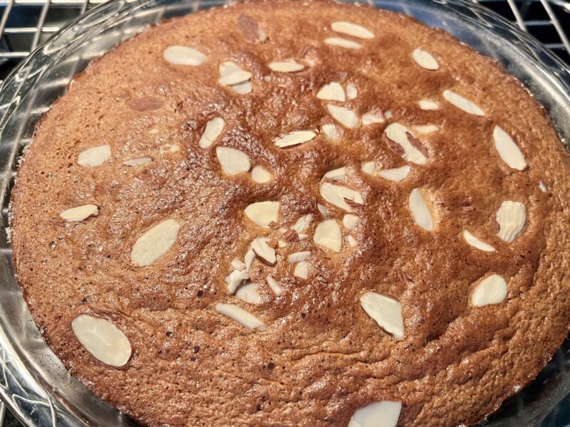 almond cake in a pie plate